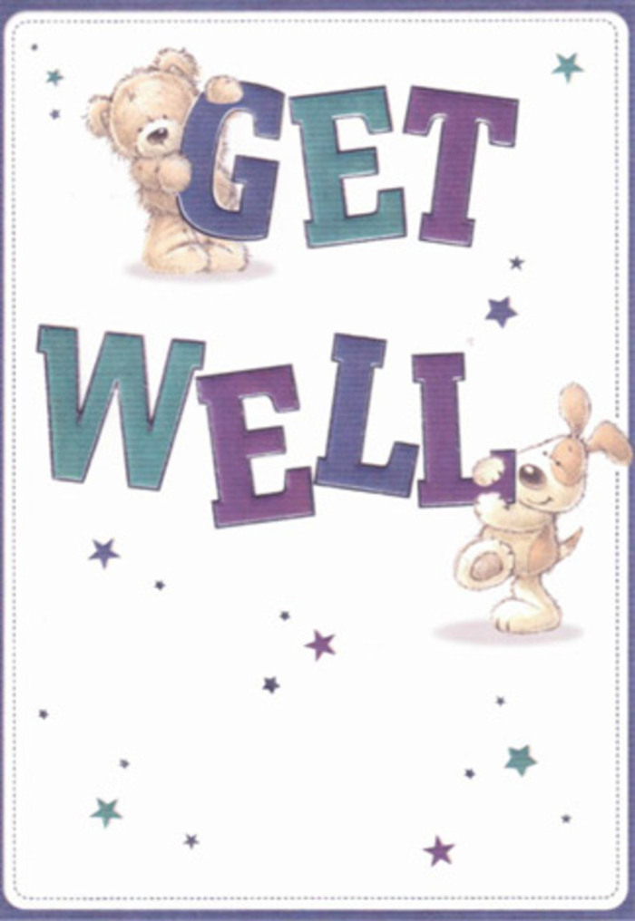 Radiating gentle support and joyful encouragement, this card is beautifully illustrated with the tender companionship of a bear and a puppy, reminiscent of scenes shared among friends in West Kensington's vibrant cafes and community gardens. Glittering starbursts surround the duo, as if to sprinkle the air with abundant well-wishes and positivity. The 'Get Well' typography, confidently shaded in rich purples and bright aquas, anchors the design in cheerful assurance. Layers of visual texture are evident-the bear's soft fur and the puppy's velvety ears invite a sense of touch, much as a carefully hand-tied bouquet catches the eye and soothes the soul. Imagine presenting this card alongside a radiant bouquet from a nearby West Kensington florist: together, they form a heartfelt gesture destined to uplift spirits, regardless of age. The scene's airy lightness and whimsical energy make it ideal for sharing encouragement with a neighbour recovering at home or a friend convalescing near West Kensington station, radiating local warmth and genuine care in every detail.